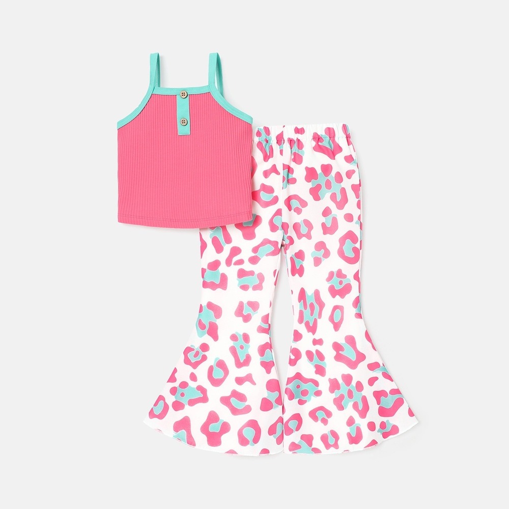 PatPat 2 Piece Set Girls 4-5Y Pink Teal Leopard Print Ribbed Tank Flare Pants